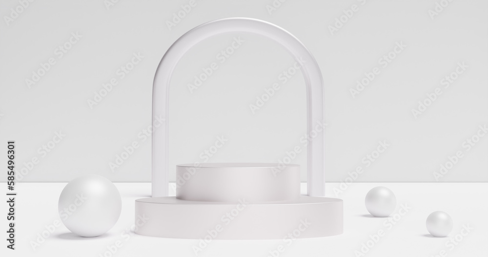 White pedestal podium and arch with decor spheres. Product advertisement exhibition. 3d rendering White pedestal podium and arch with decor spheres. Product advertisement exhibition. 3d rendering