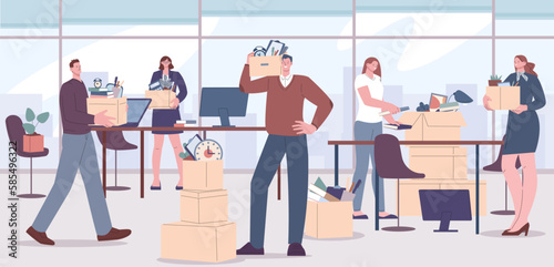 Office moving, workers move and packing things. Young business characters and managers carrying boxes. Team relocation kicky vector scene