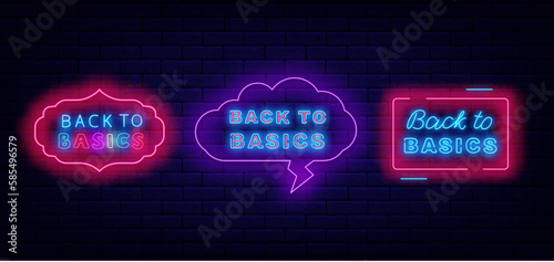 Back to basics neon badges set. Geometric frames on brick wall. September activity. Vector stock illustration