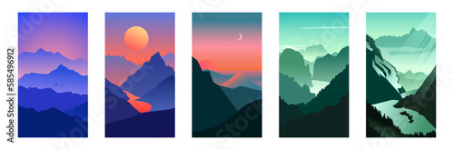 Vector set of abstract gradient background for stories, media, social sample. landscape with mountains and hills silhuete..