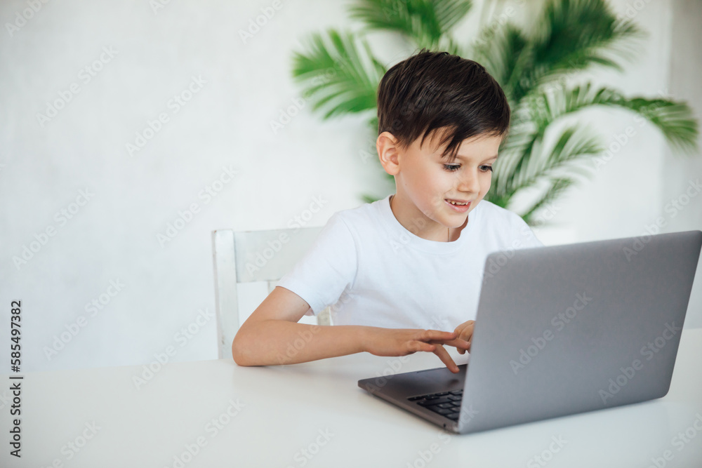 a child sits with a laptop at a table in a room with a green plant a child sits with a laptop at a table in a room with a green plant