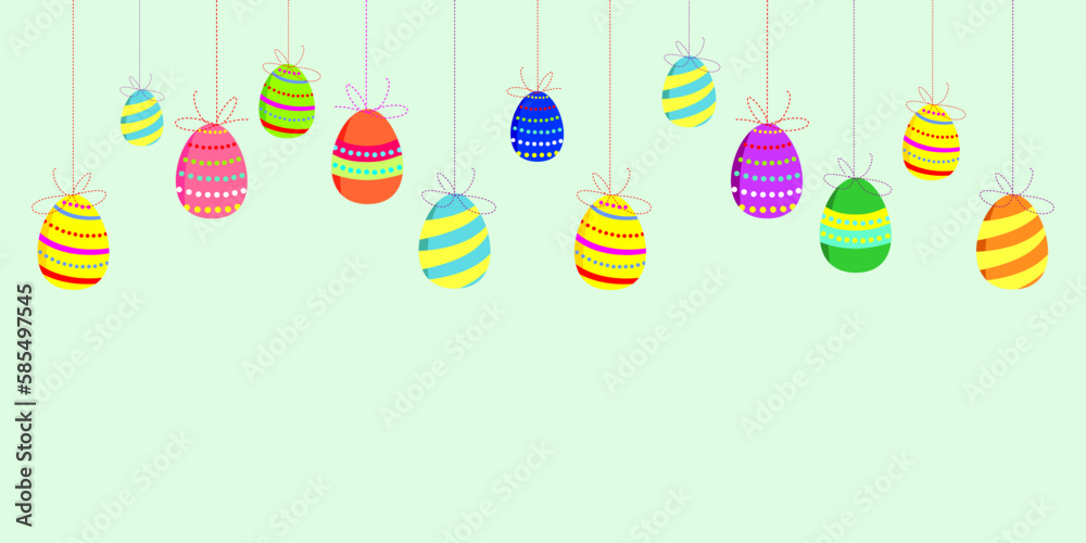 Happy Easter greeting banner with colored eggs. Multi-colored painted eggs are hung on ropes