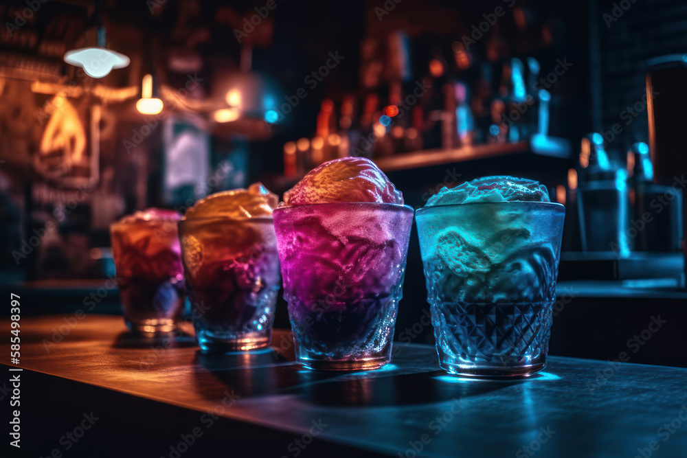 Ice colors ice cream in glasses on the bar in the nightclub generative ai