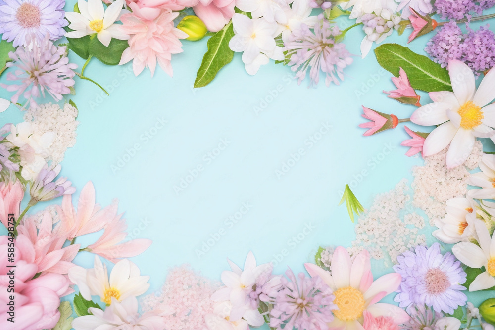 Colorful Flowers Arranged in a Circle on a Dreamy Pastel Blue and Pink Botanical Background