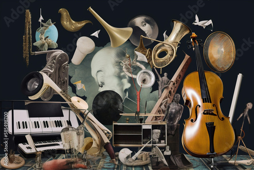 The Maximalistic Composition of Musical Instruments: A Contemporary Artistic Collage photo