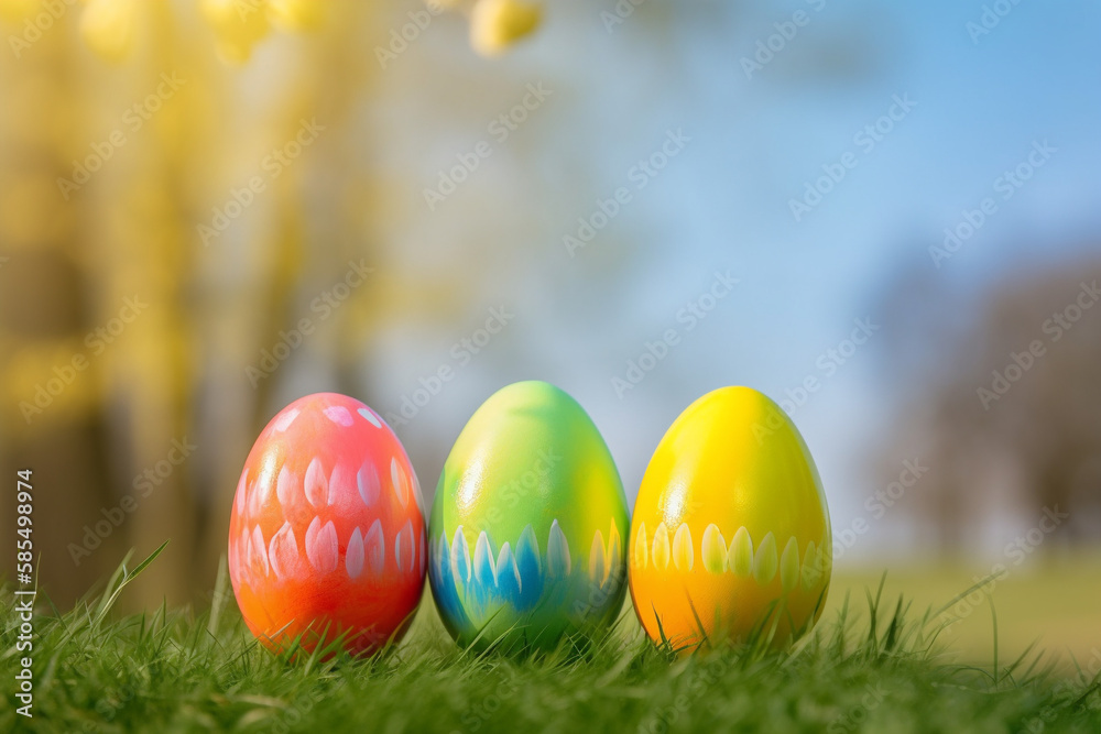 Fototapeta premium A Brilliantly Colored Easter Celebration: Three Eggs on a Sunny Day Against a Dark Background