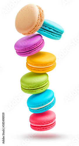 Macaron cookies of vivid colors levitating over white background. Generative AI isolated illustration