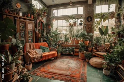 Garden paradise. Boho living room with greenery. Monstera, cactus, succulents. Dessert flowers. Bohemianism. Pottery. Home gardener. Orange, sand, green. Generative AI