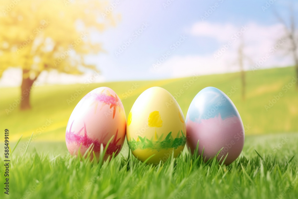 A Colorful Easter Day: Pastel-Colored Easter Eggs Sitting on Top of a Lush Green Field