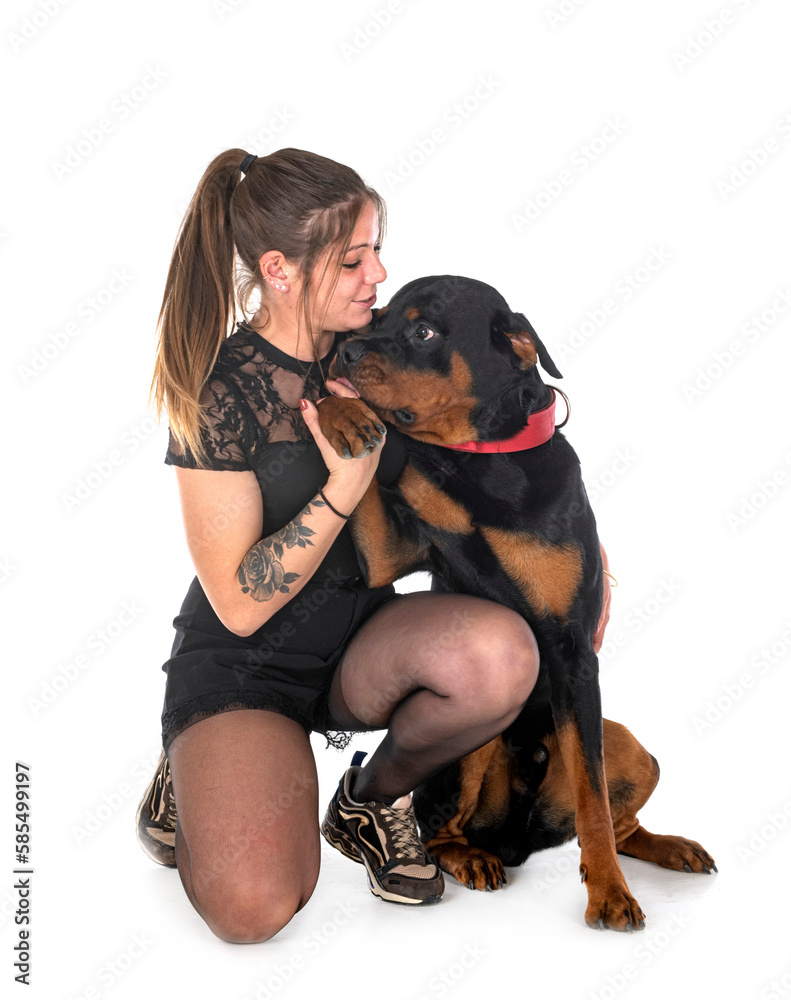 rottweiler and woman in studio rottweiler and woman in studio