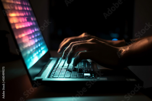 A Close-up of a Person Typing on a Laptop with Glowing Computer Screens and Holographic Keyboard, Sitting in Front of a Dark Background.