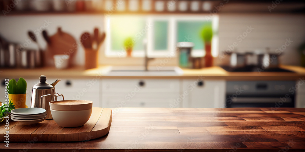 Empty display table, display of your product. Defocused image of a kitchen. Mocap.