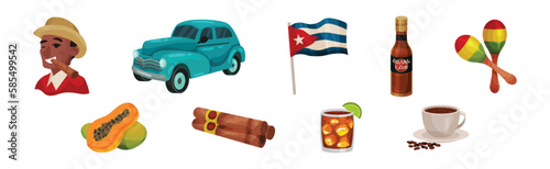 Cuba Symbols with Car, Flag, Maraca, Cigar, Papaya, Coffee and Alcohol in Glass Vector Set