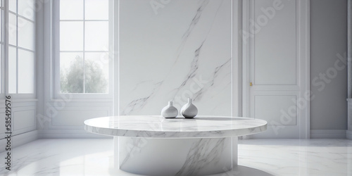 Bright bathroom interior with white marble. An empty table in the foreground for displaying and showcasing your item and product.