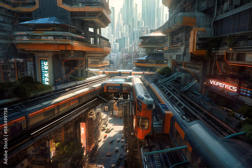 Hovering above a bustling metropolis, the sci-fi station seamlessly integrates human ingenuity with robotic prowess, revolutionizing monorail transport for a thriving future