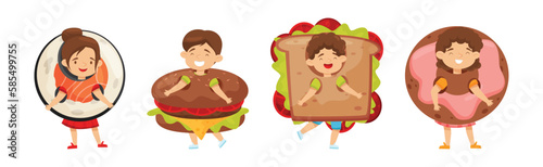 Cheerful Kids Wearing Fast Food Costumes Vector Set