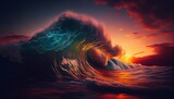 Ocean Sea Water Wave and Sunset Flaming Red Orange Sky Landscape Scene Digital Colorful Illustration Pattern Background