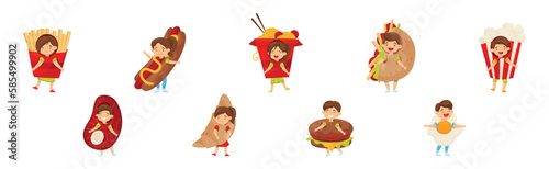 Cheerful Kids Wearing Fast Food Costumes Vector Set