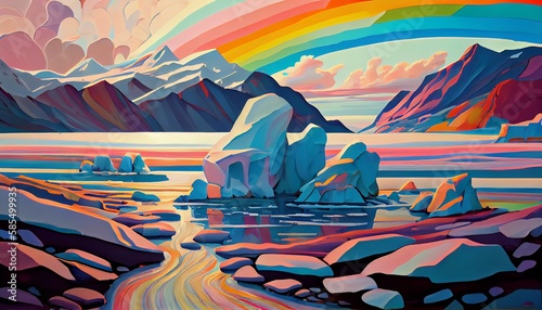 Colorful Iceberg Mountain and Lake Landscape AI Generated Digital Artwork Illustration Design