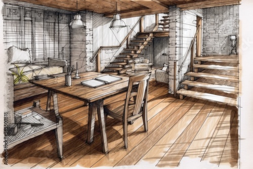 Architect interior designer concept hand drawn draft unfinished idea becomes true, bohemian dining table close up, boho living room with couch in country mezzanine,. Generative AI