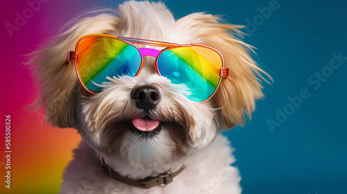 Love Has No Labels. Cute puppy with colorful rainbow sunglasses, symbolic of LGBTQ campaign fight for equality. Generative AI © Bartek