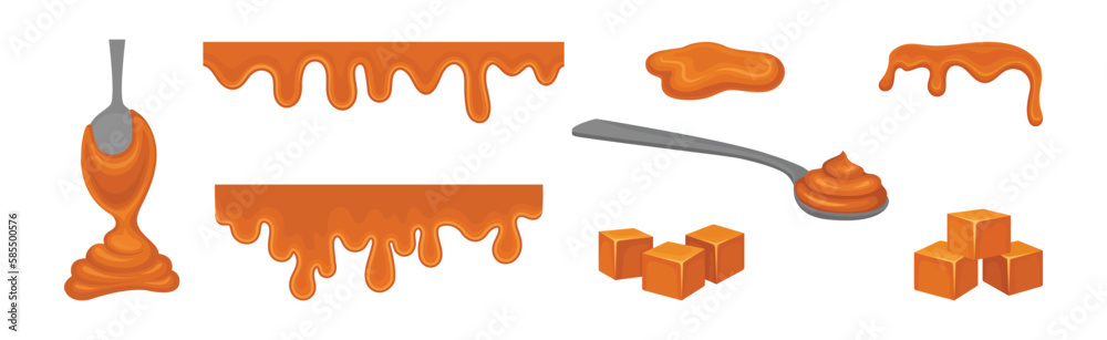 Caramel as Dark-orange Confectionery Product Made by Heating Sugar Vector Set