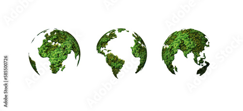 Green World Map- 3D tree or forest shape of world map isolated on white background. World Map Green Planet Earth Day or Environment day Concept. World Forestry Day.