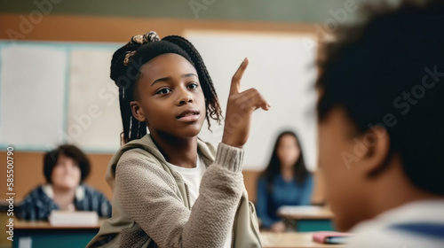 Diversity in Education: Young Black Middle School Student Raising Her Hand in the Classroom. African American Girl with Her Hand Up in Class to Ask or Answer Question. Generative AI photo