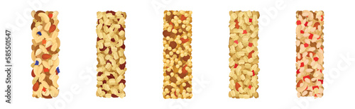 Various Granola Bars with Oatmeal, Nuts and Puffed Rice Vector Set