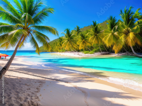 tropical beach with palm trees with sunshine © Nikodem