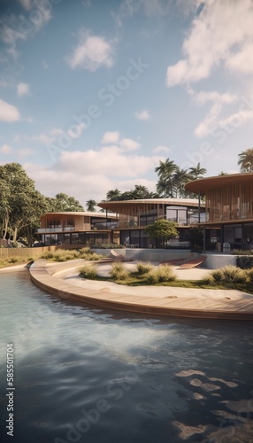 Beachfront resort with large pool and beautiful wooden residences surrounded by beach trees Generative AI © Rodolfo