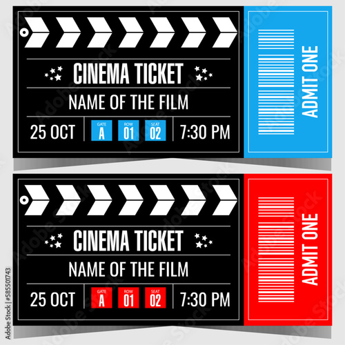 Cinema ticket vector design template in the form of cinematography clapperboard or dumb slate. Film ticket with movie title, date, time and bar code suitable for web, social posts or ready to print.