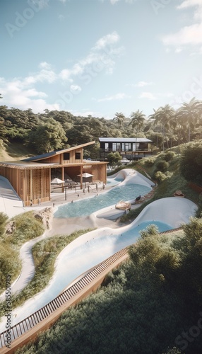 Beachfront resort with large pool and beautiful wooden residences surrounded by beach trees Generative AI