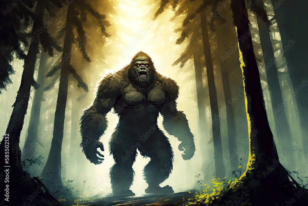 Forest monster with bigfoot on lighted forest path among trees, created