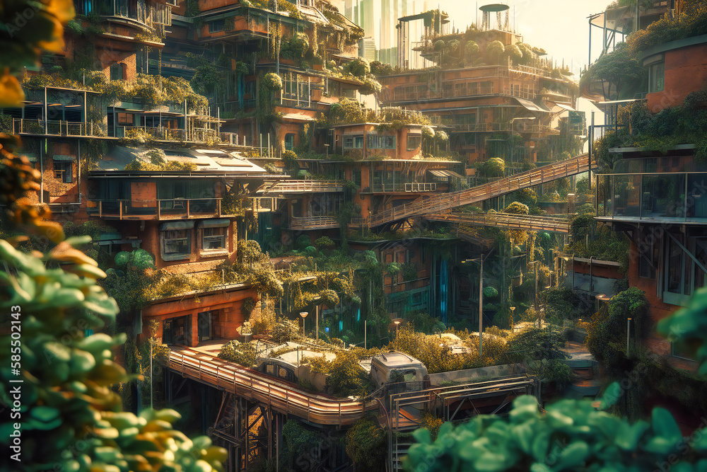 A radiant green city emerges, blending futuristic architecture with lush foliage, epitomizing a thriving symbiosis between mankind and the environment