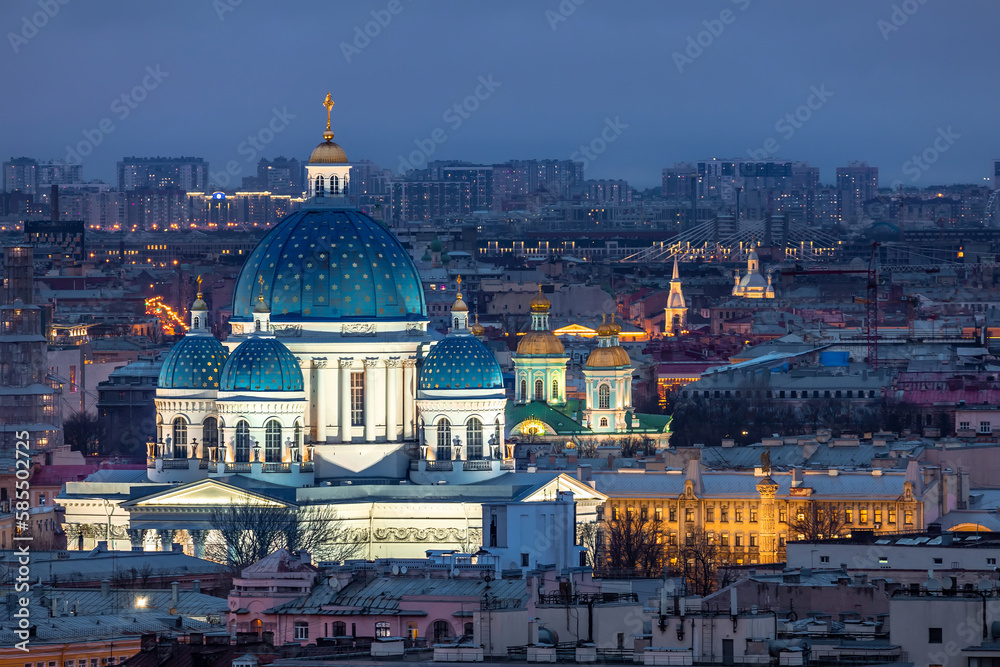 view of the Trinity Cathedral in St. Petersburg in the evening, city landscape, illumination, sunset
