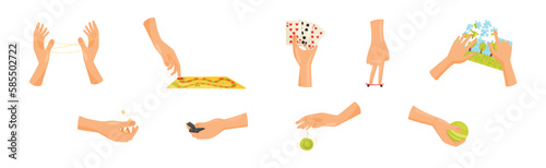 Human Hand Playing Different Game with Toys Vector Set