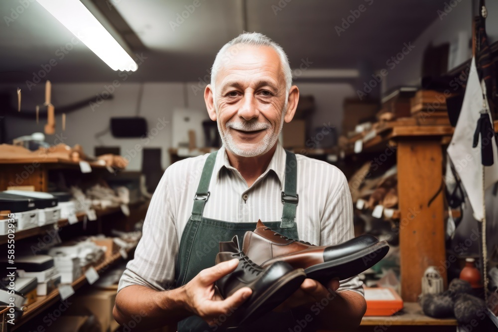 Craftsman displaying handmade luxury shoes. Photo generative AI