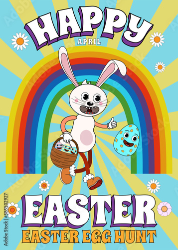 Happy Easter vintage poster Trendy Easter Groovy 1970 style with flowers  egg  rainbow