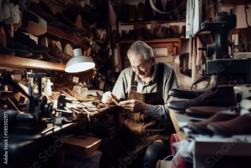 Close-up of Shoemaker at Workplace. Photo generative AI