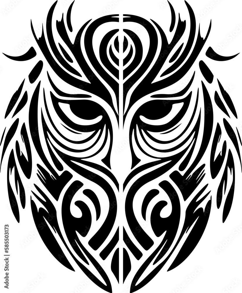 ﻿Tattoo of an owl with black and white Polynesian designs.