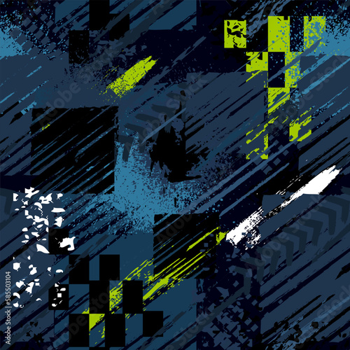 Abstract seamless chaotic pattern with urban geometric elements, scuffed, drops, triangles, spots, sprays Grunge neon texture background. Wallpaper for boys and girls