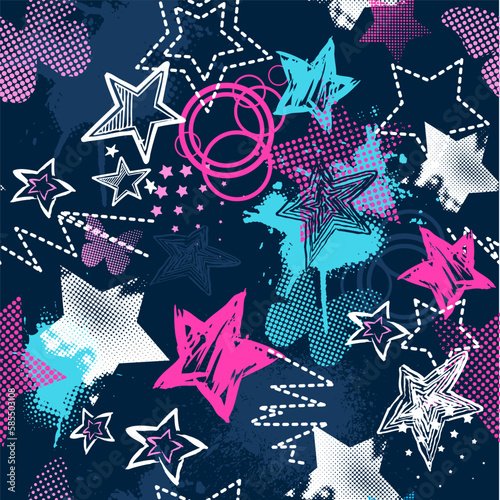 Grunge Seamless pattern for girls. Hearts abstract background dots. Beautiful creative wallpaper.Seamless pattern with hearts, stars, spray elements and butterflies.Wallpaper for girls