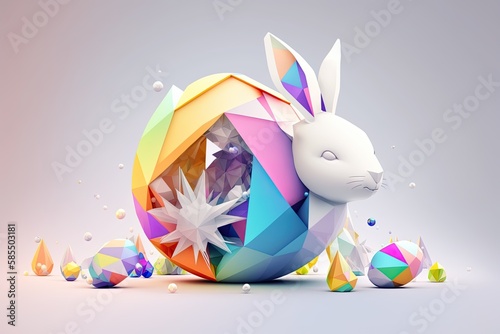 fantasy abstarct design amazing 3d Easter bunny and ornated painted rainbow colourd egg on white background. Happy Easter magical,generative ai. photo