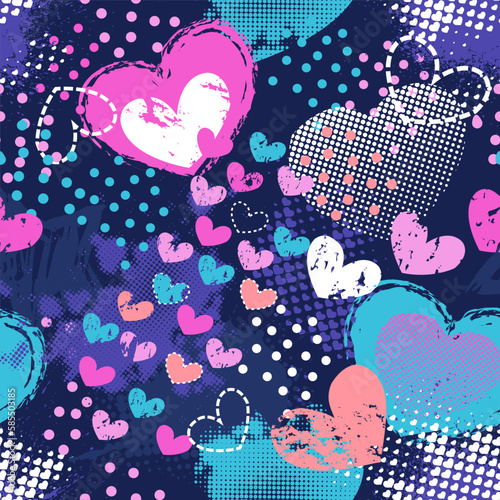 Abstract seamless pattern with hearts, urban elements, drops, brush, lines stars, sprays. Pink and blue wallpaper for girls. Grunge background with bright colors hearts and spay paint