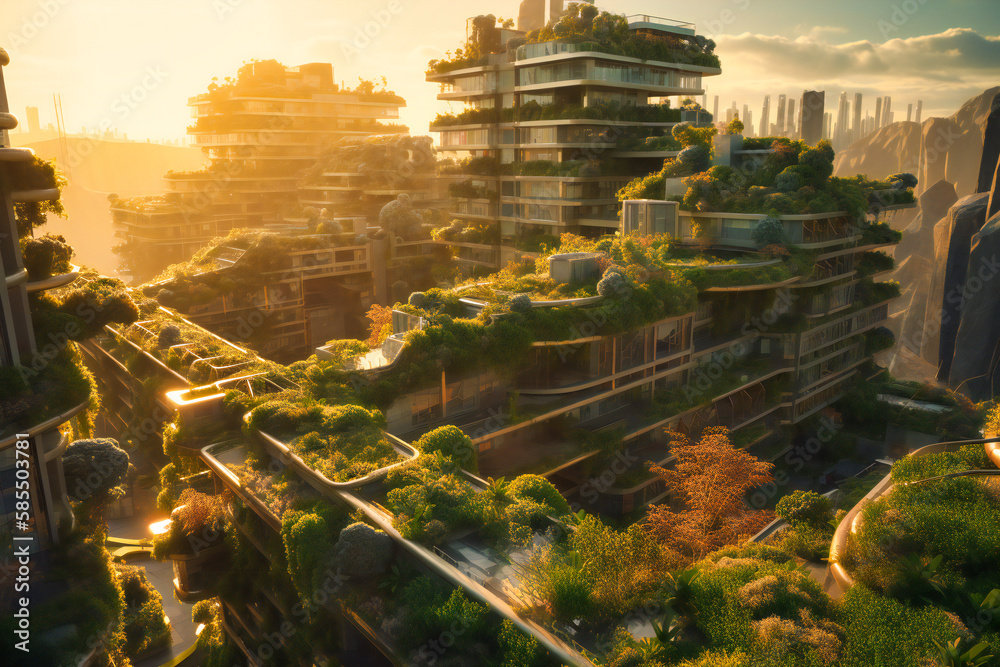 Obraz premium Solar rays illuminate the eco-conscious city, where urban landscapes and nature intertwine, fostering a vibrant, sustainable future for all inhabitants