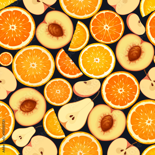 Seamless pattern with orange fruit slices on a black background. Vector illustration