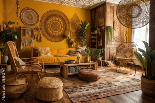 Wallpaper and parquet bohemian living room. White and yellow sofa, jute mat, and rattan armchair. Bohemian wood decor,. Generative AI
