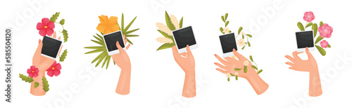 Hands Holding Photo Card and Floral Twigs Vector Set
