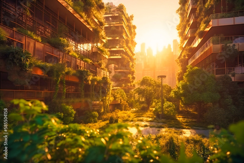 In the bright sunshine, the future's green city presents a fusion of advanced urban design and nature's abundance, achieving a harmonious coexistence